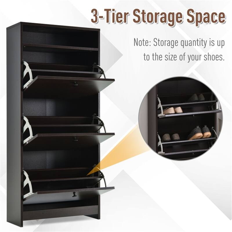Espresso 3-Tier Shoe Cabinet with Upturning Drawers and Top Storage Shelf for Daily Use - 23.5" L x 9.5" W x 52" H