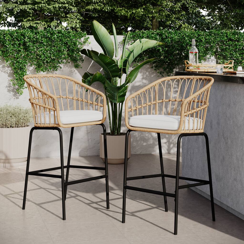 Haven Way Hana Indoor/Outdoor Wicker Bar Height Stools (Set of 2)