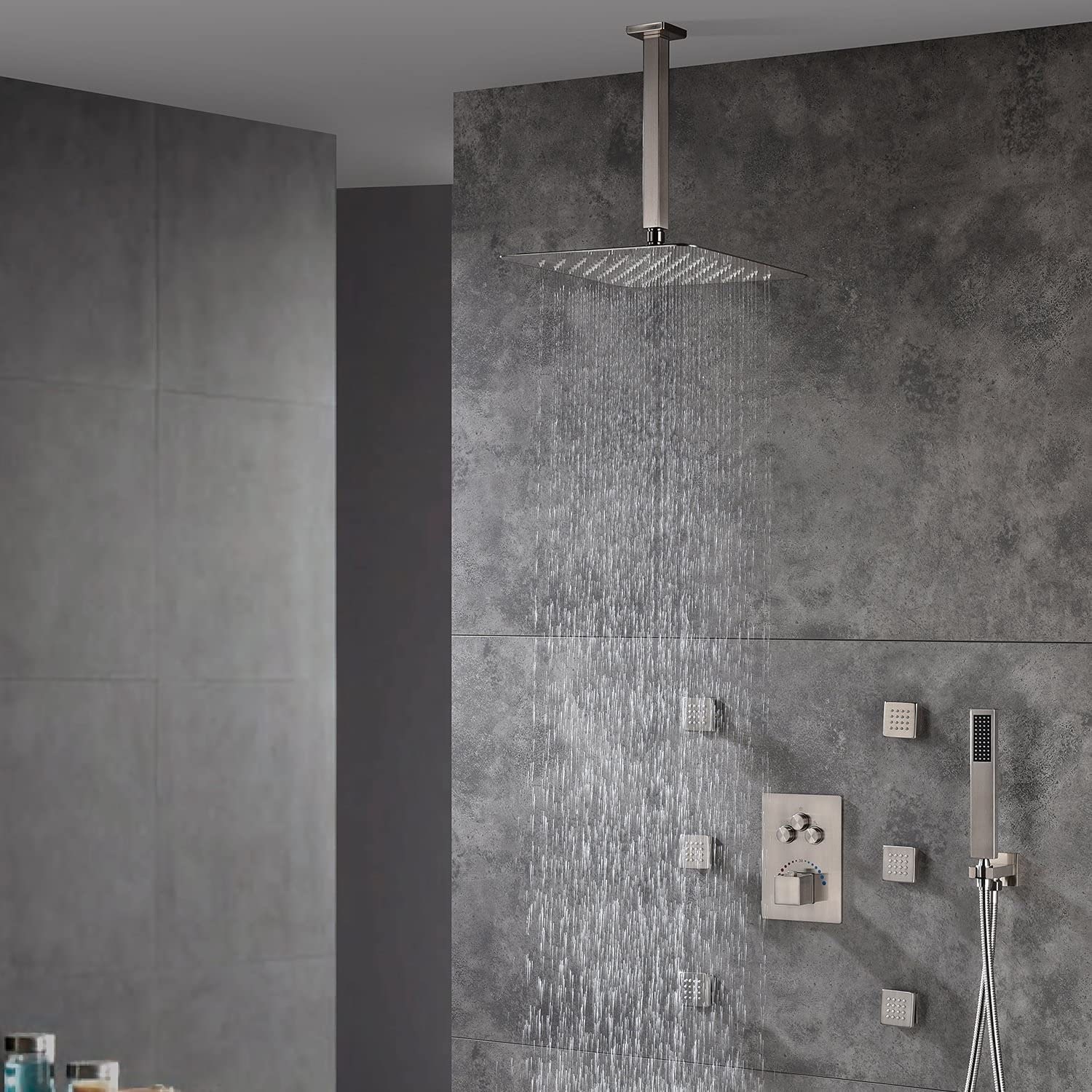 12" Ceiling Rainfall 3 Way Thermostatic Faucet Shower System w/6 Body Jets