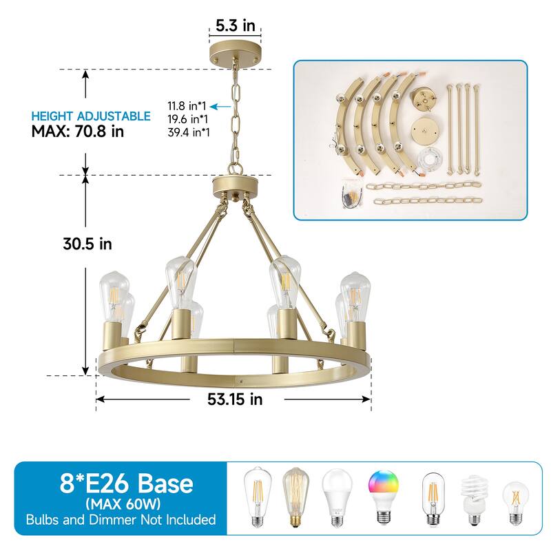 8-light (no bulbs) gold wagon wheel chandeilier with light-e26