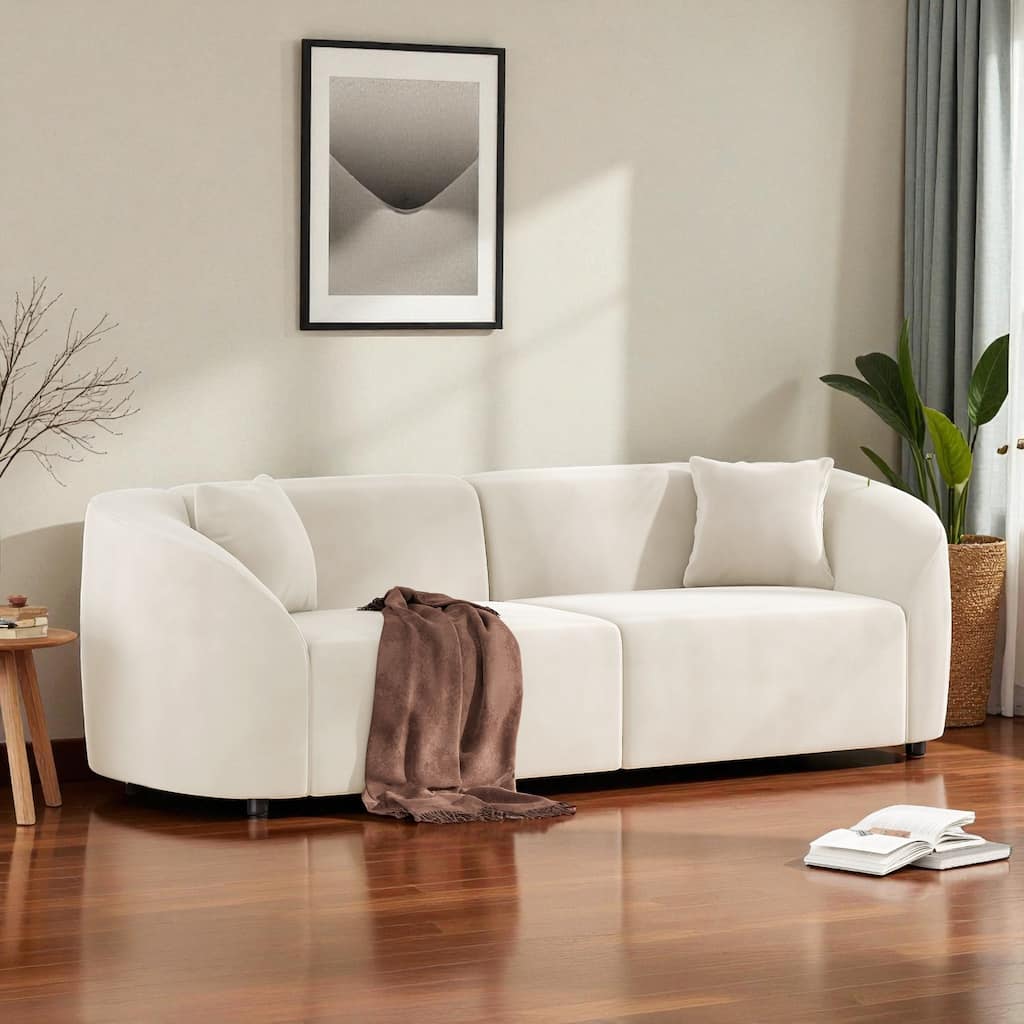 87" Curved Contemporary Velvet Sofa in Off-White, Plush 3-Seat Design with Ergonomic Comfort and Durable Frame