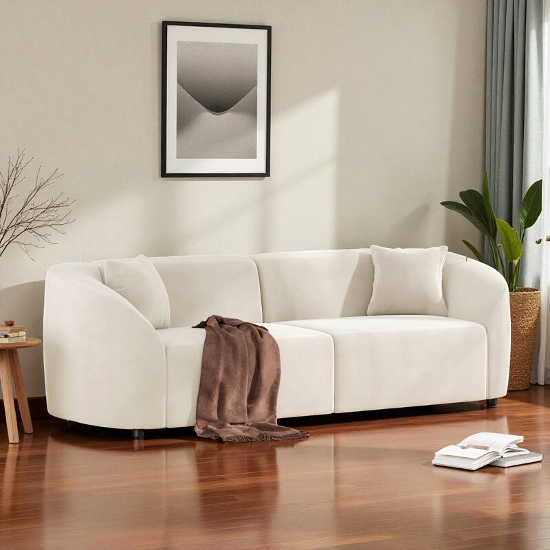 87" Curved Contemporary Velvet Sofa in Off-White, Plush 3-Seat Design with Ergonomic Comfort and Durable Frame - Beige