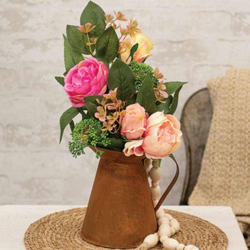 Rusty Metal Pitcher for Floral Arrangements Rustic Tin Vase for Country Kitchen or Rustic Home Decor