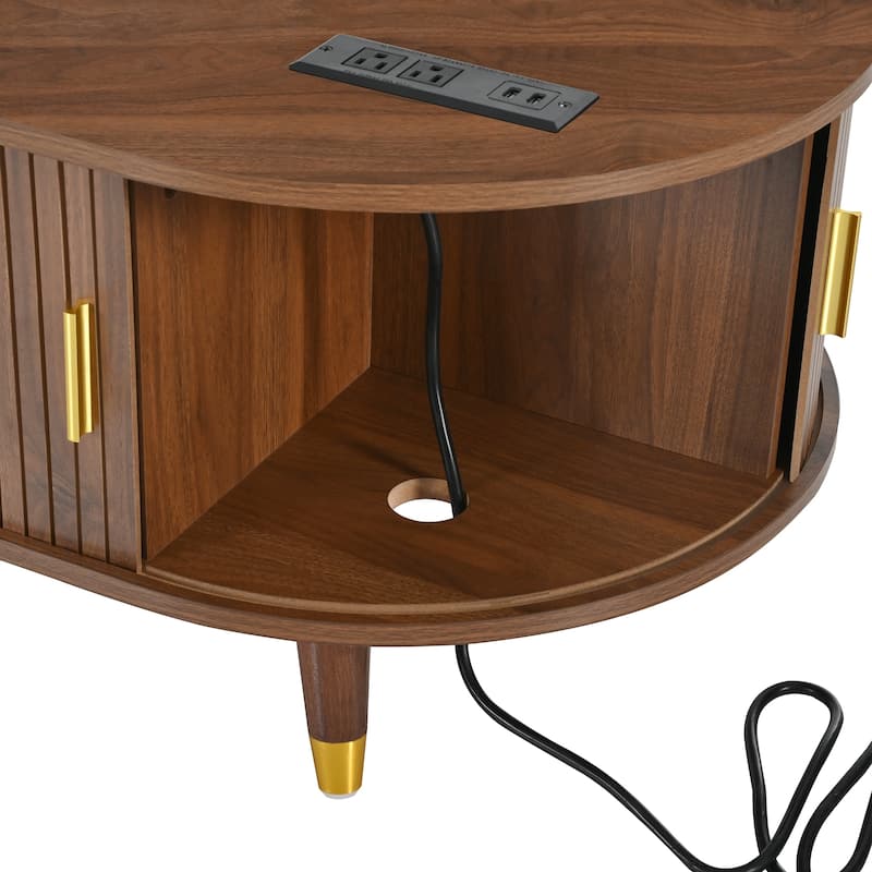Oval Wood Coffee Table with Charging Station, Floor-standing Fluted Center Table, Cocktail Table with Sliding Tambour Door