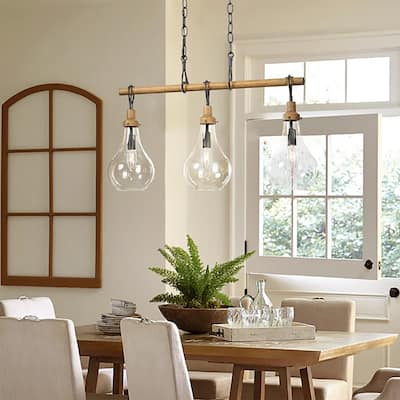 Farmhouse Rustic 3-Light Metal Modern Linear Island Chandelier Dining Room Linear Pendant with Droplet Glass - 26.5 inches