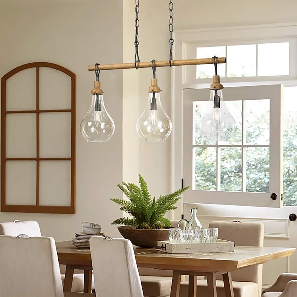 Farmhouse Rustic 3-Light Metal Modern Linear Island Chandelier Dining Room Linear Pendant with Droplet Glass - 26.5 inches