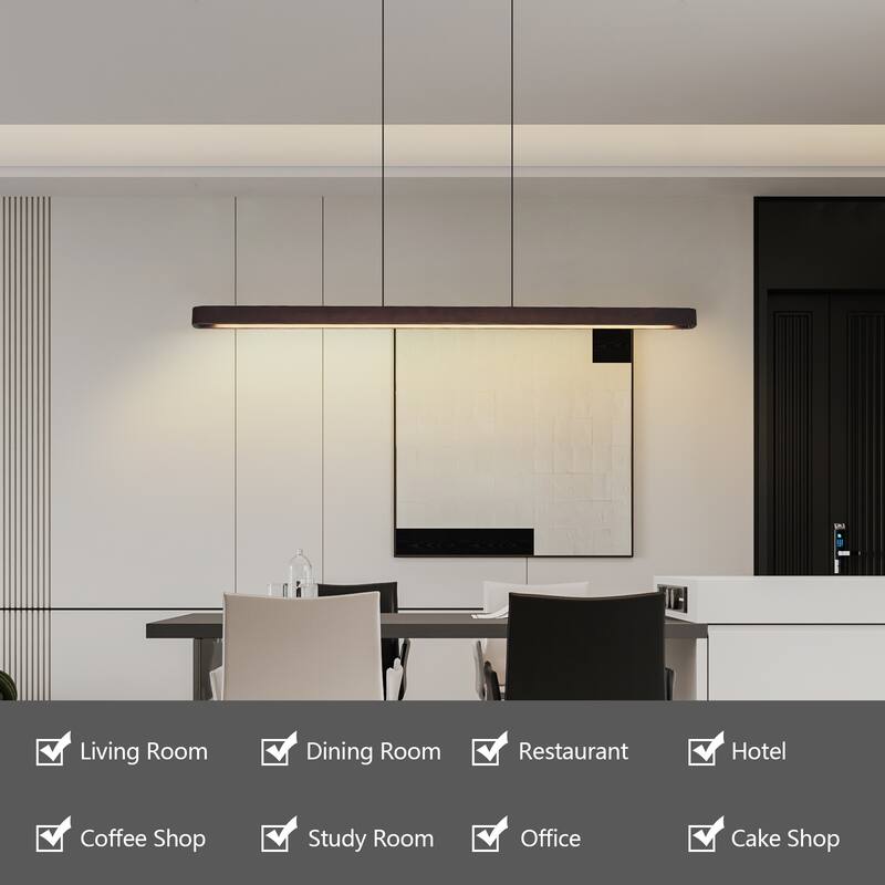 51-inch Walnut Wood Modern LED Pendant Light, Adjustable Hanging Light for Dining Room, Kitchen, Living Room