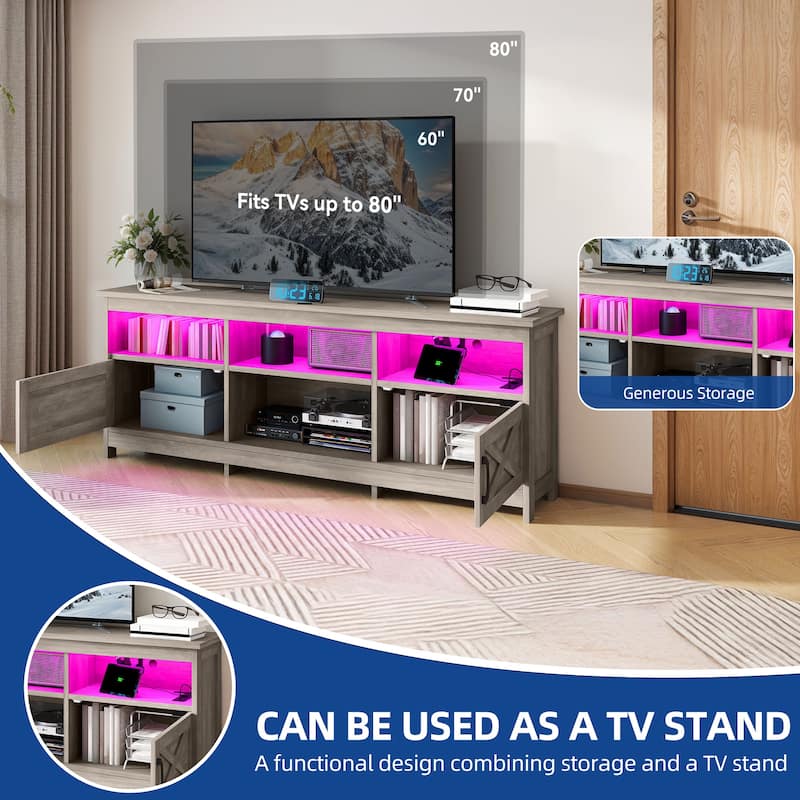 Moasis Farmhouse 70"W TV Stand with LED Lights, Outlets