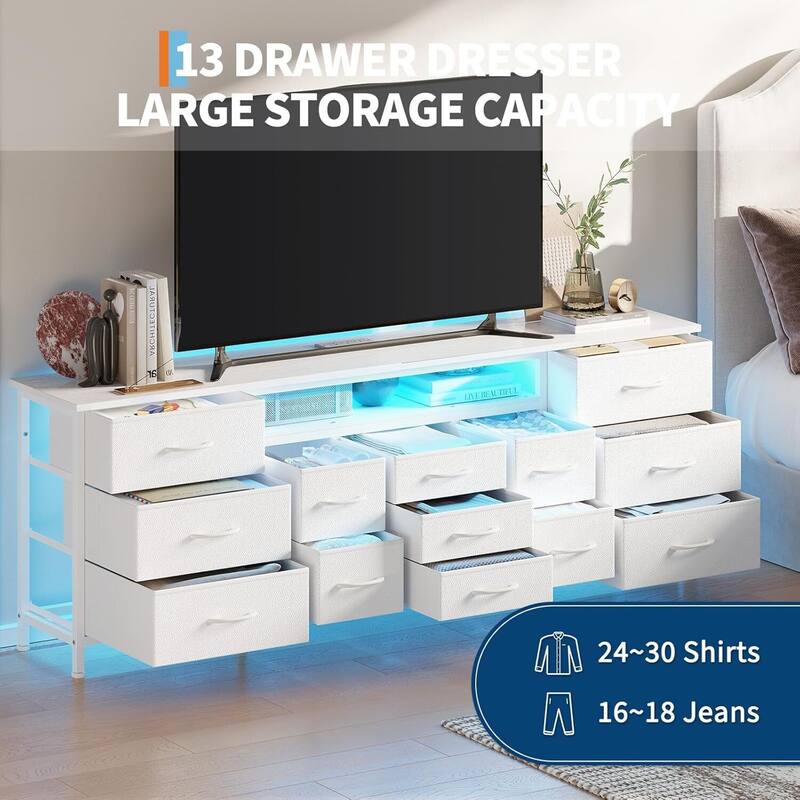 70 Inch Long Dresser TV Stand with 13 Chest of Fabric Drawers, Power Outlets and LED Lights