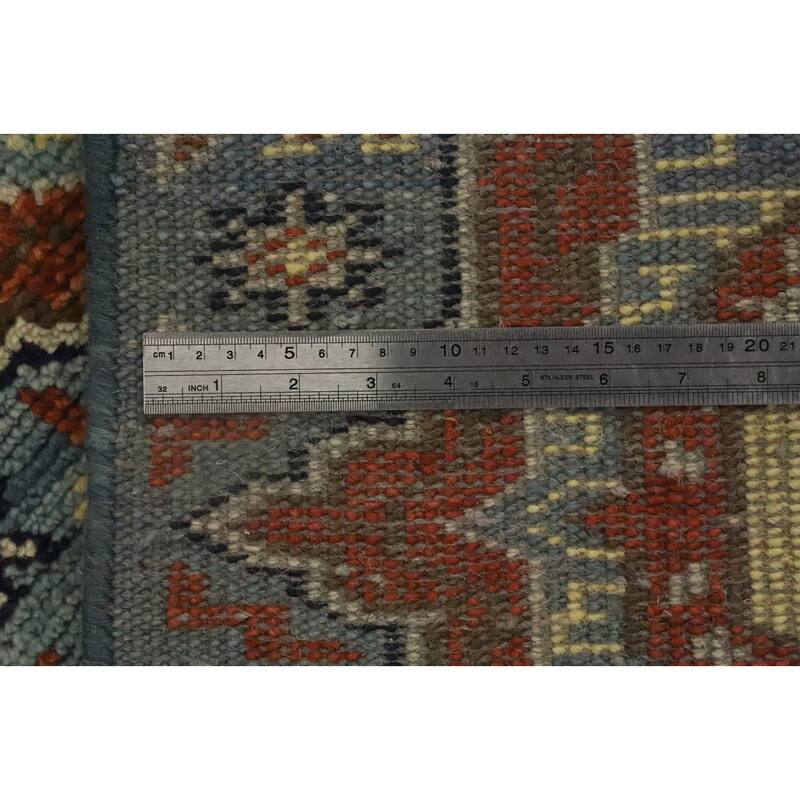 Hand Knotted Oriental 100% Wool Carpet Traditional Geometric Navy Blue & Blues Kazak Runner Rug - 7' 11'' X 2' 5''