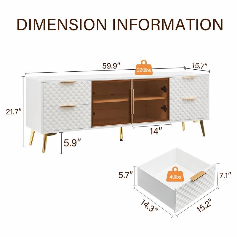 Modern TV Stand with Storage Drawers & Glass Doors