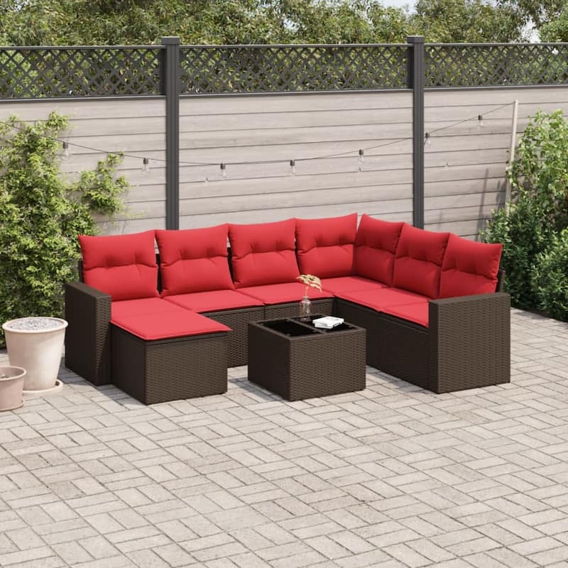 vidaXL Patio Sofa Set with Cushions Outdoor Conversation Furniture Poly Rattan - 25.8" x 24.4" x 27.2" - Brown and red with table