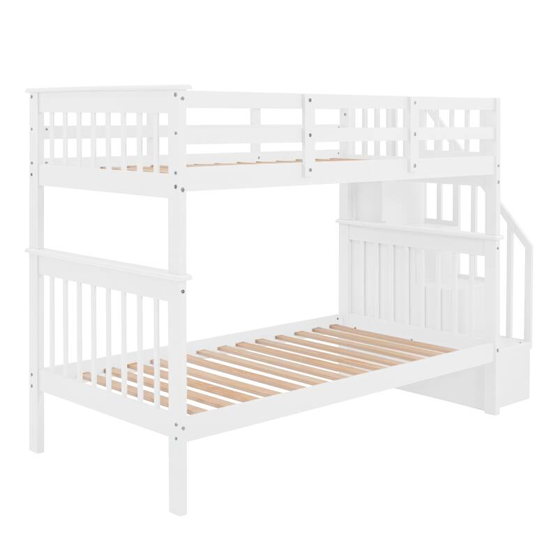 Space-Saving Twin Bunk Bed with Staircase Storage and Safety Guardrails, Gray