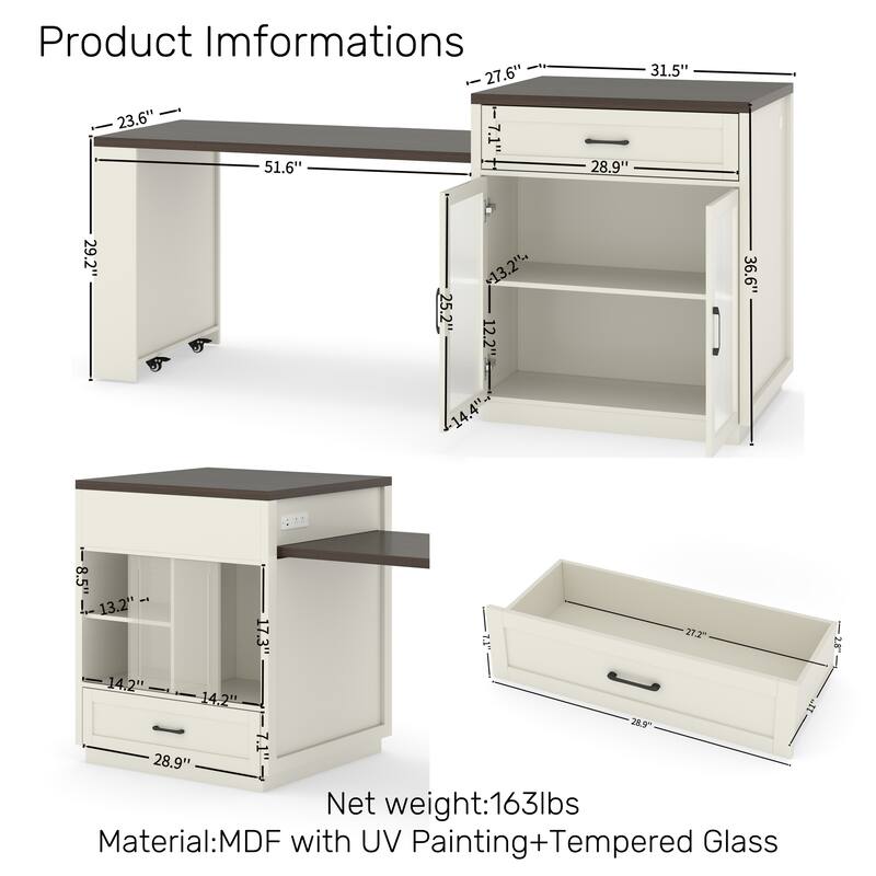 83.1"Extendable Kitchen Island with Slide Out Table and Storage Racks,Kitchen Island with Tempered Glass Doors,Power Outlet