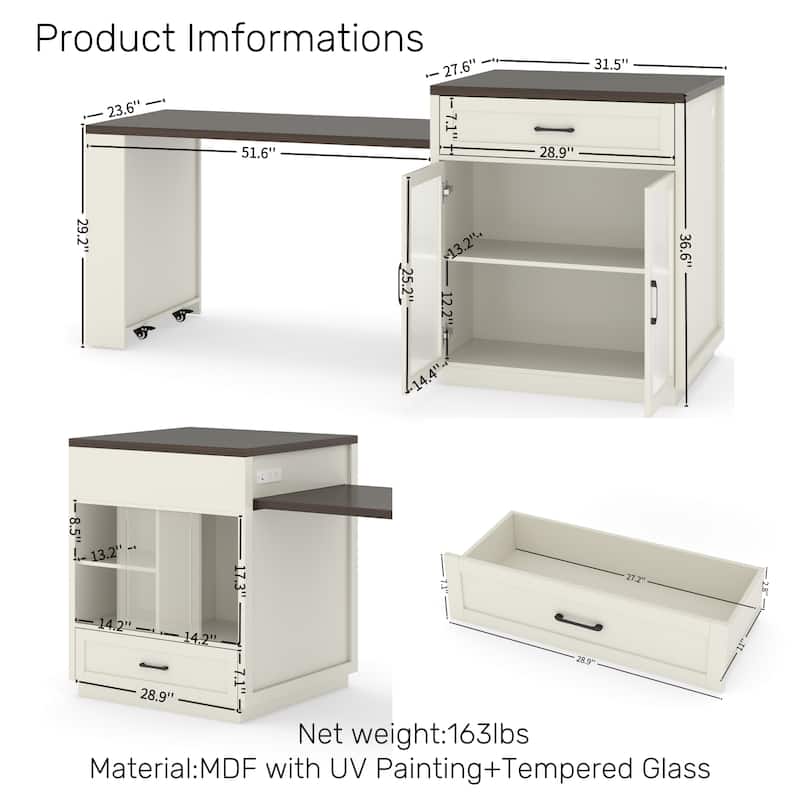 Modern Large Kitchen Island Expandable Kitchen Island with Power Outlet Storage Racks, Glass Doors and 2 Drawers, for Kitchen