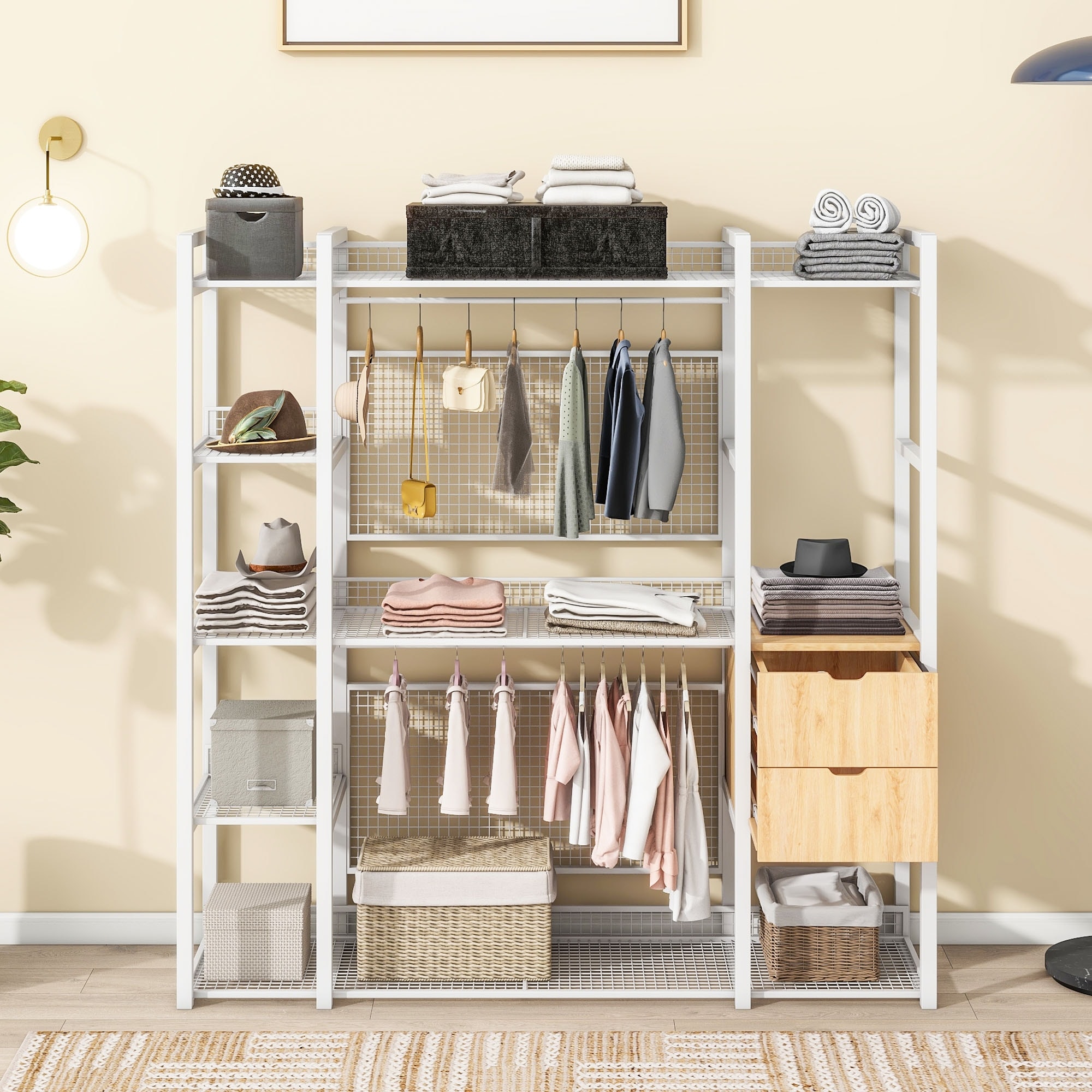 Open-Style Wardrobe White Clothing Rack w/ Hanging Rails & 2