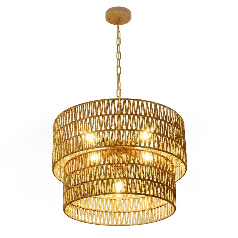 Dimmable 4 - Light Hand - Woven Bohemian Drum Chandelier