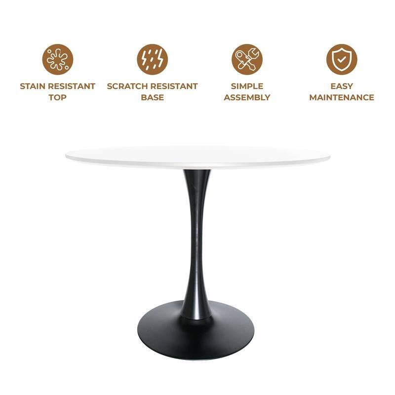 Bristol 35 Inch Mid Century Modern Round Dining Table, Wood Top & Glossy Iron Pedestal Base for Kitchen & Dining Room