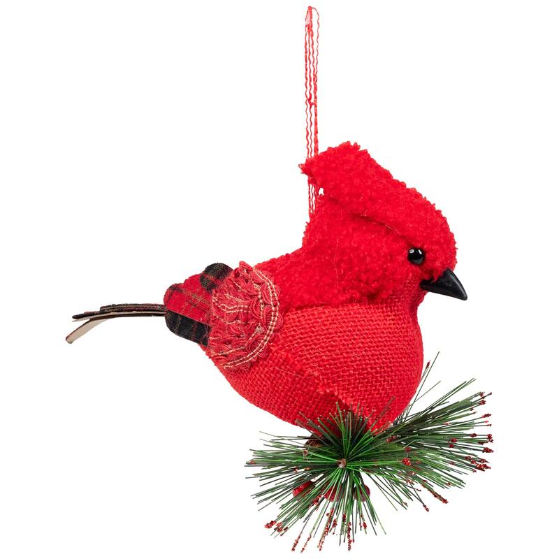 6.5" Red Burlap Cardinal with Pine Needles Berries Christmas Ornament