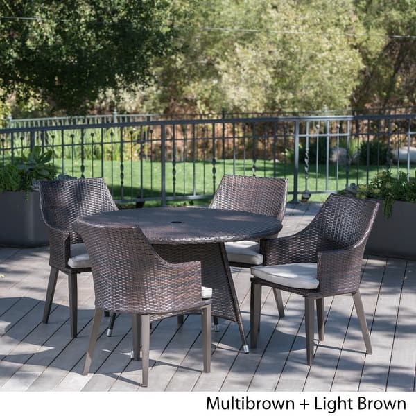 slide 2 of 16, Hillhurst Outdoor 5-piece Round Wicker Dining Set with Cushions & Umbrella Hole by Christopher Knight Home Brown