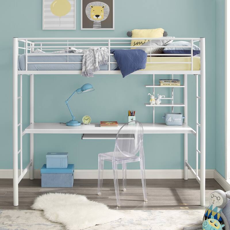 Walker Edison Abner White Metal Full Loft Bed with Desk