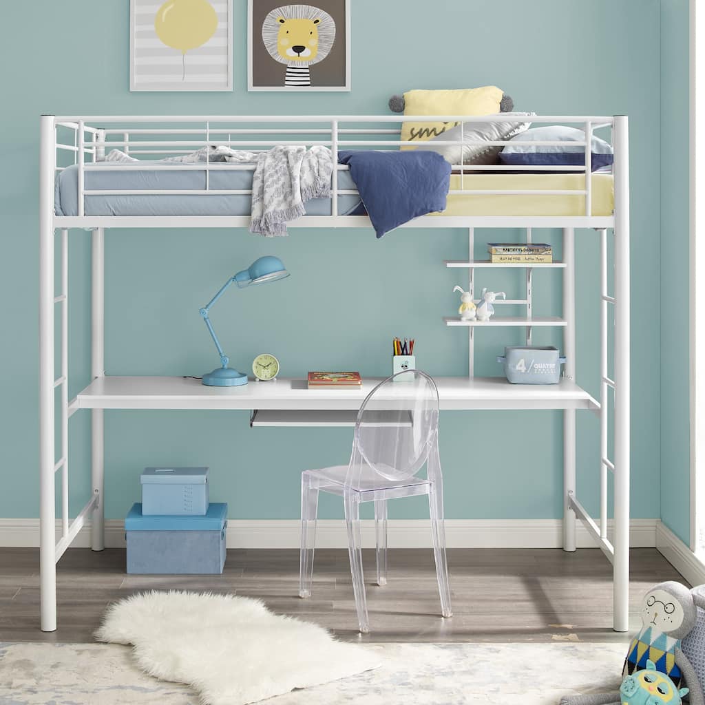 Walker Edison Abner White Metal Full Loft Bed with Desk
