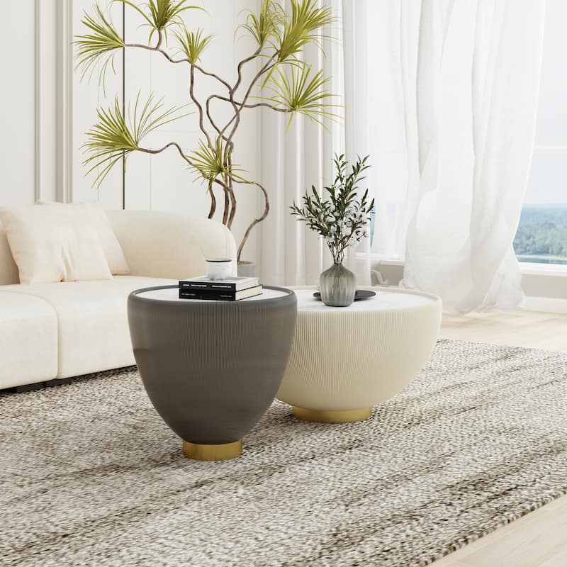 Modern Drum Coffee Table, Sintered Stone Coffee Table with PU Leather and Aluminum Alloy Base