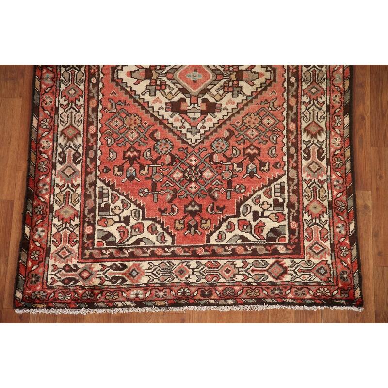 Hand Knotted Oriental 100% Wool Carpet Traditional Geometric Red Hamedan Runner Rug - 10' 3'' X 3' 6''