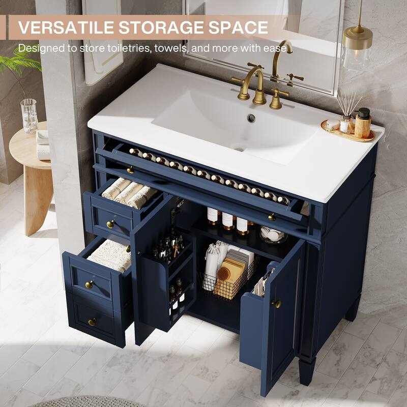 White Modern Wooden Bathroom Vanity with Basin, Floor Storage Cupboard