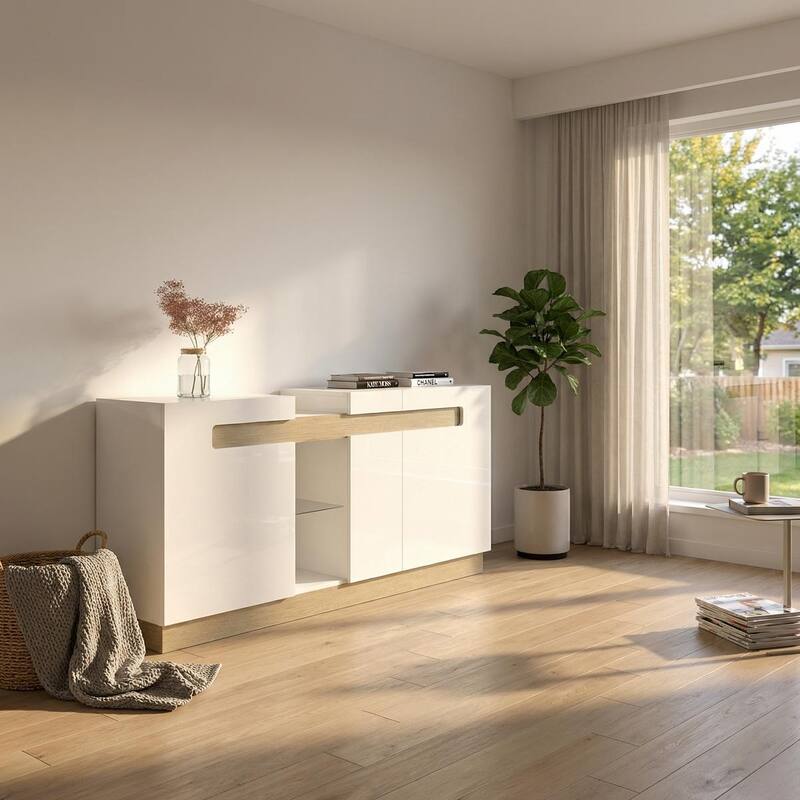 Meble Furniture Talia Sideboard 71" Wide x 33.5" High - High Gloss Two-Tone Modern Buffet Credenza with Cabinet Storage