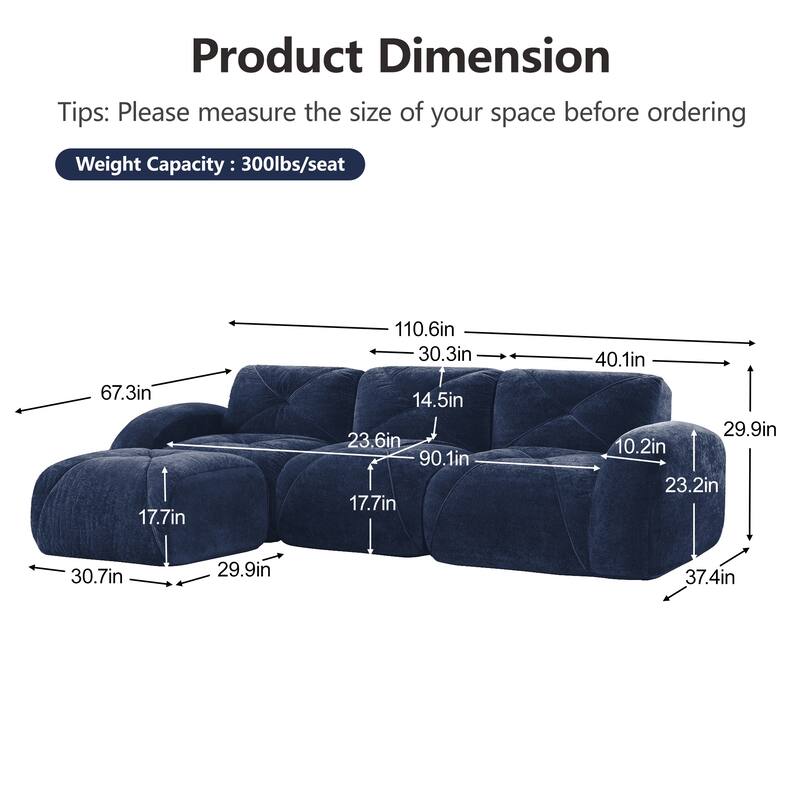 Rossetta 110'' 3-Seater L-Shaped Anti-Slip Design Retro Classic Color Velvet Tufted Modular Boneless Sofa with 1 Movable Ottoman