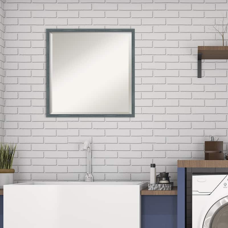 Beveled Wood Bathroom Wall Mirror - Dixie Blue Grey Rustic Narrow Frame