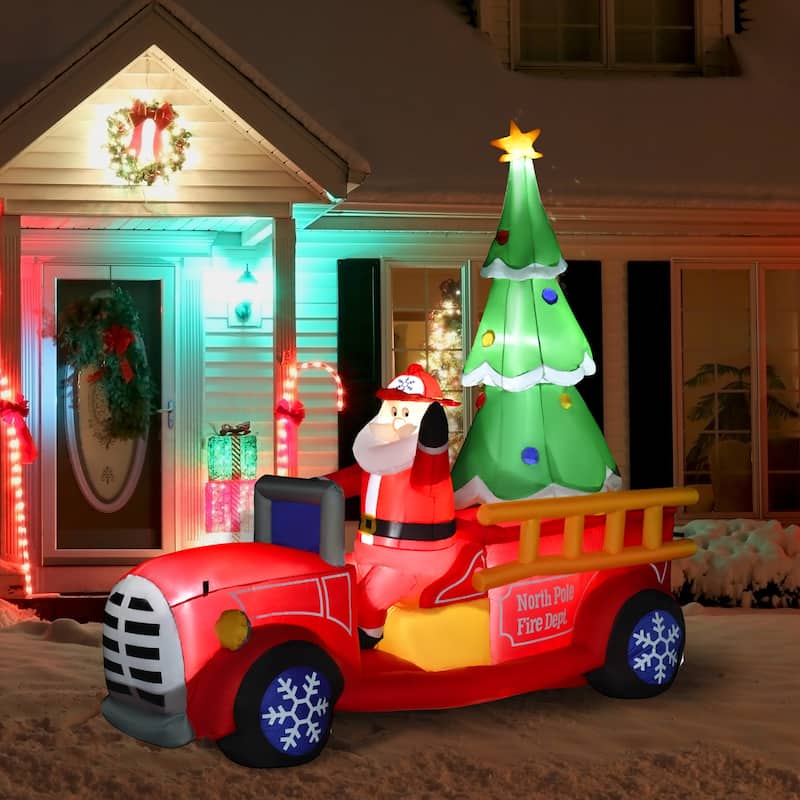 HOMCOM 7.5 ft. Santa Inflatable Christmas Decoration with Fire Truck, Fun Holiday Decor, Large Christmas Decoration - Polyester - Multi