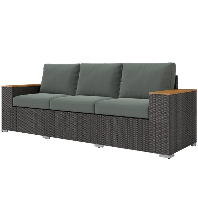 3-Seater Outdoor Rattan Sofa PE Wicker Galvanized Steel Frame Patio Deck Garden Couch with Cushions - Brown-Dark Grey