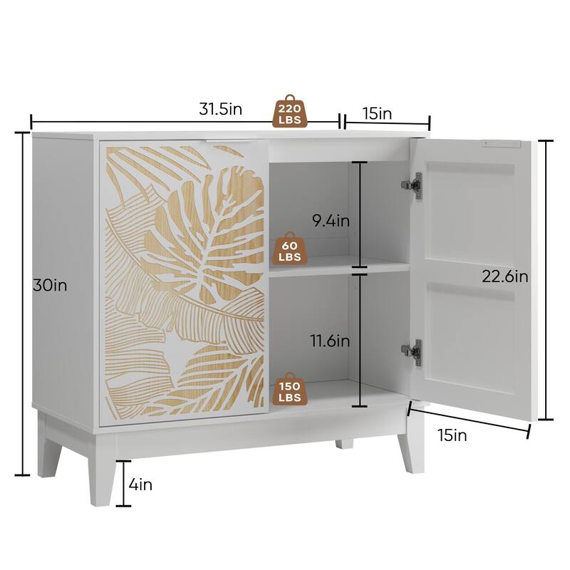 Roomfitters Coastal Storage Cabinet with Tropical Leaf Pattern Doors, Sideboard Buffet Organizer with Wood Accents, White