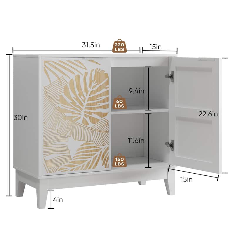 Small Carved Buffet Cabinet with Adjustable Shelves, Storage Sideboard