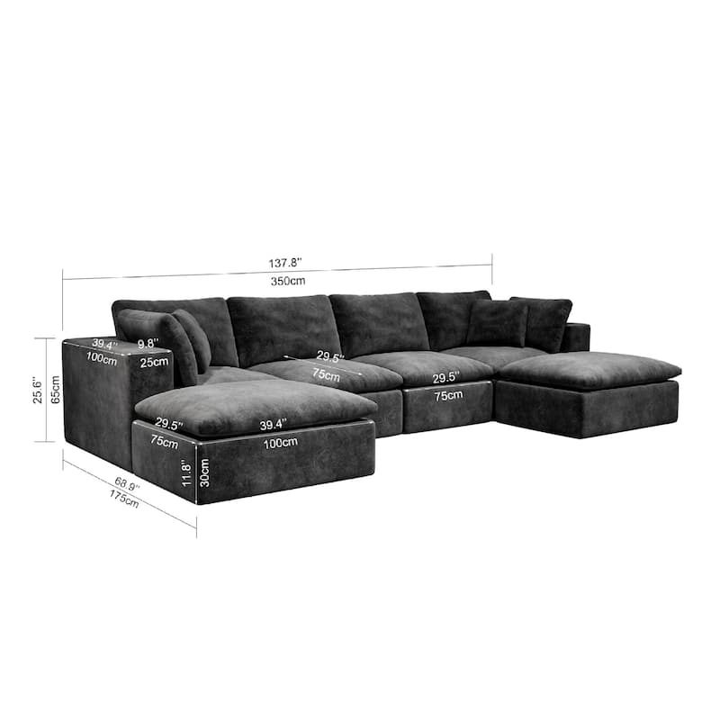 Roomfitters 137.8" Modular Sectional Sofa, 5-Piece Compressed Cloud Couch, No Assembly, Plush Corduroy, Grey