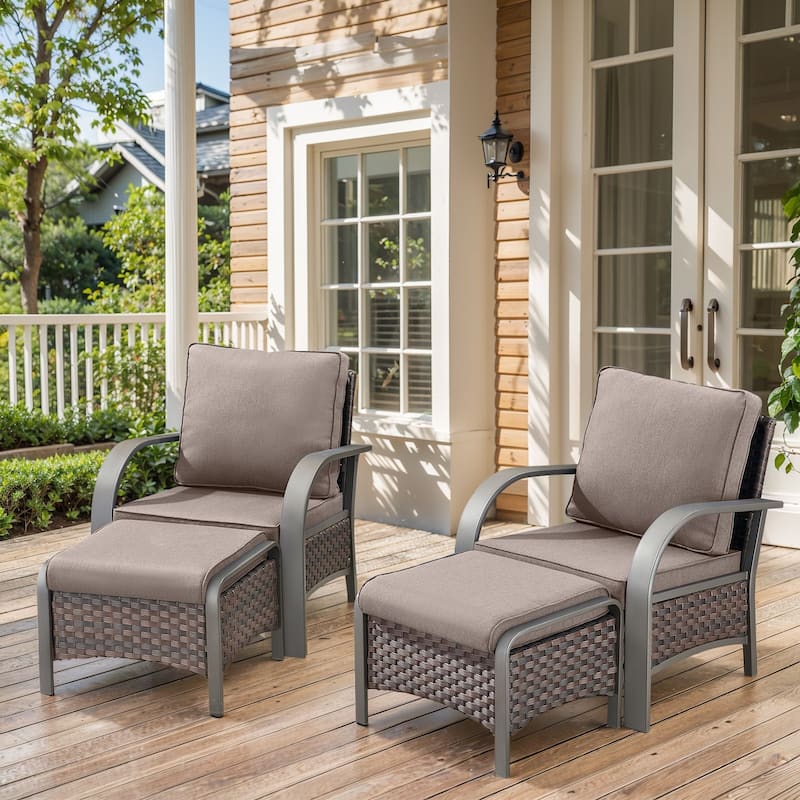 4 Piece Outdoor Patio Rattan Chair with Ottomans - Grey - Brown