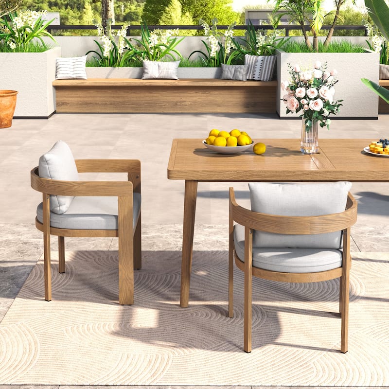 Roomfitters Elko Outdoor Aluminum Dining Chairs with High Density Foam Cushions, Teak Finish and Grey Set of 2