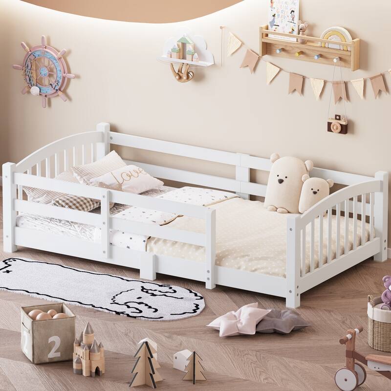 Solid Wood Floor Bed Montessori Bed with Safety Guardrails Without Door