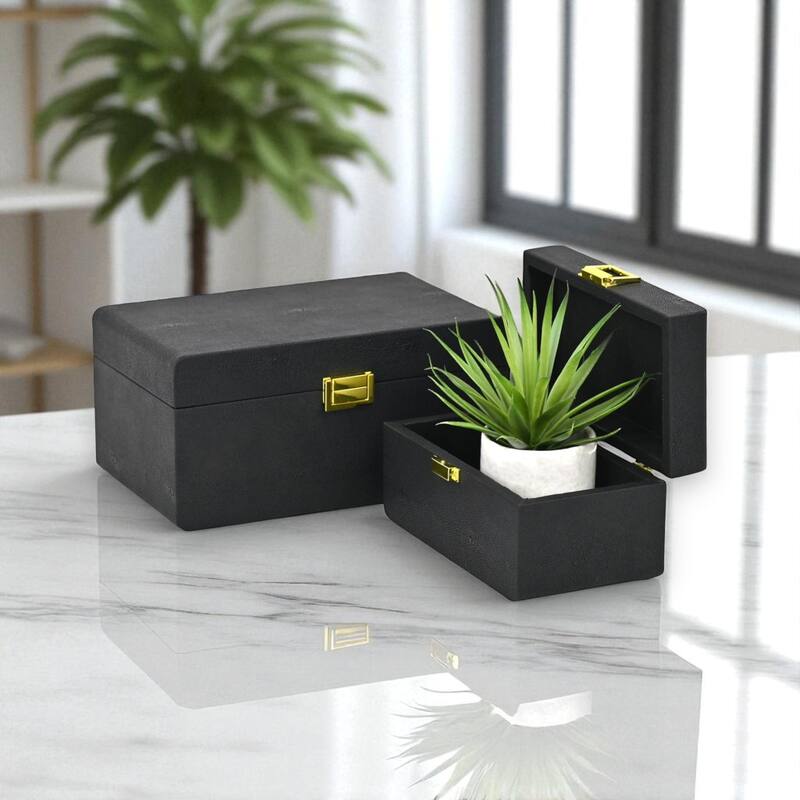 Alethea Set of 2 Rectangular Decorative Storage Boxes - Black Faux Shagreen - N/A