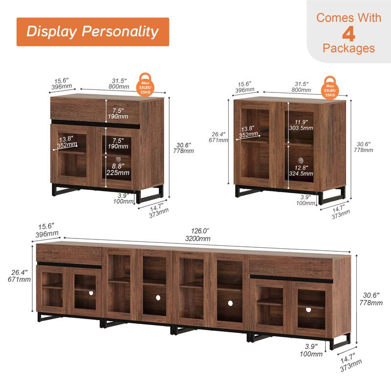 4 in 1 Multifunctional Sideboard Buffet with Glass Doors & 5 Drawers, Modern Credenza with Adjustable Shelf and Metal Base