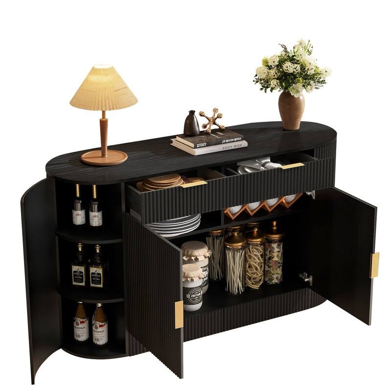 Modern 55.1" Sideboard Buffet Cabinet with 2 Curved Side Door and 2 Drawers for Living Room and Dining Area