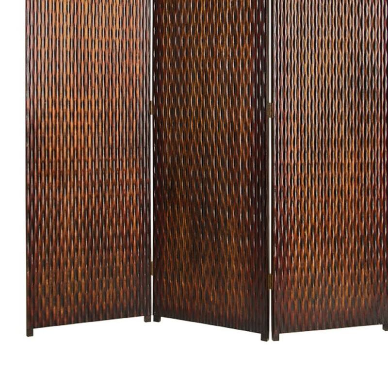 3 Panel Foldable Room Divider with Patterned Wood Panelling, Brown