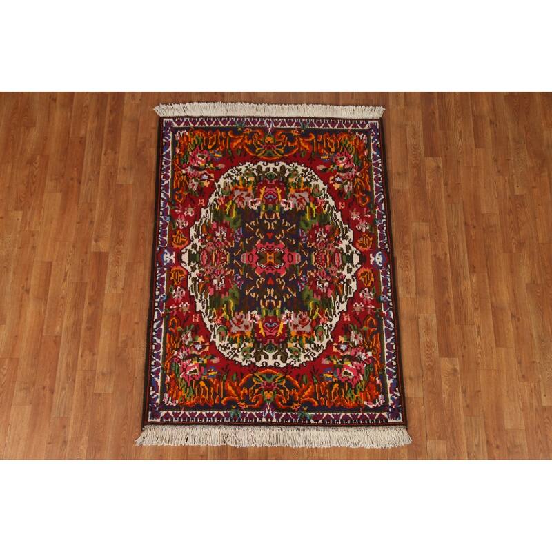 Hand Knotted Oriental 100% Wool Carpet Traditional Floral Navy Blue & Blues Bakhtiari Area Rug - 4' 11'' X 3' 8''