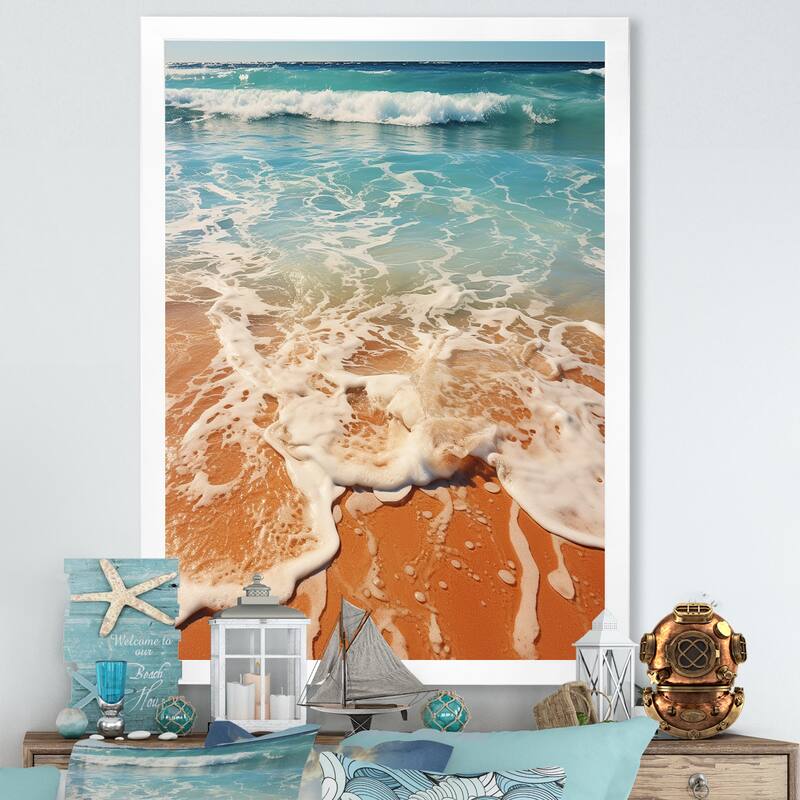 Designart "Tropical Beach Aerial View I" Coastal Beach Wall Decor White - Coastal Bedroom Framed Canvas Wall Art - 24 in. wide x 32 in. high - White