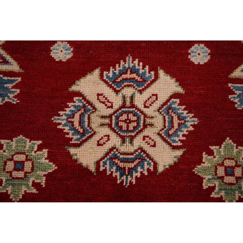 Red Geometric Kazak Rug Hand-Knotted Traditional Wool Carpet - 5'0" x 7'0"