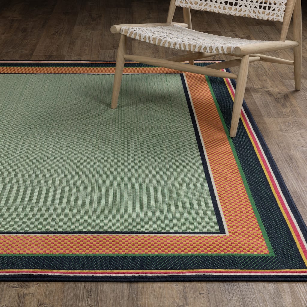 Harlowe Preppy Stripe Border Green/ Navy Area Rug