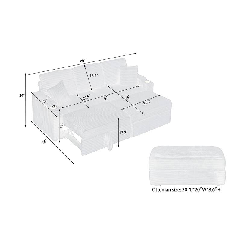 80" Corduroy Multi-Function Sofa with Hidden Reclining, Space Saving Design, Armrests, Cup Holders and Removable Footstool