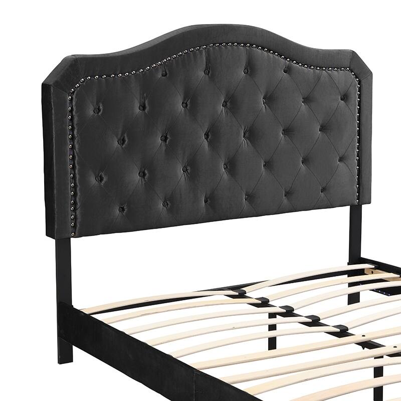 Elegant Upholstered Queen Bed with Button Tufted Curves, LED Lights, and Strong Wooden Slat Support, No Box Spring Needed